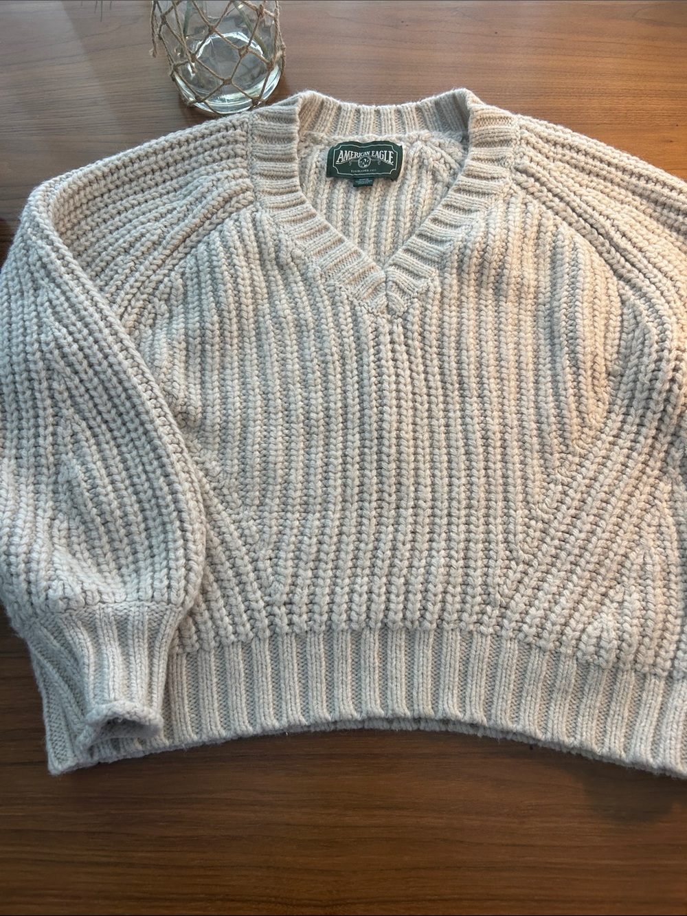 American Eagle Beige V‑Neck Chunky Knit Sweater